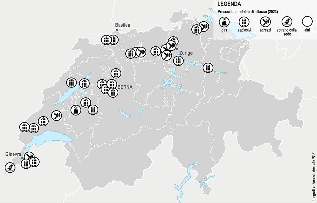 Infografica: Carta geografica della Svizzera - attachi ai bancomat. Pressunta modalità di attacco (Gas, Esplosivi, Altrezzi, Asportato dalla sua sede)